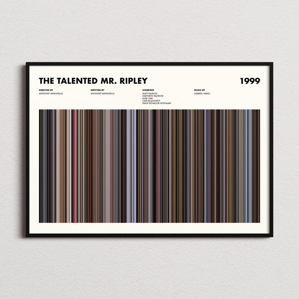 The Talented Mr. Ripley Movie Barcode Poster framed and photographed straight on