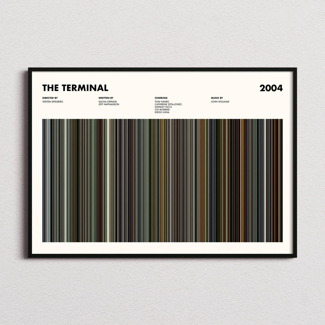 The Terminal Movie Barcode Poster framed and photographed straight on