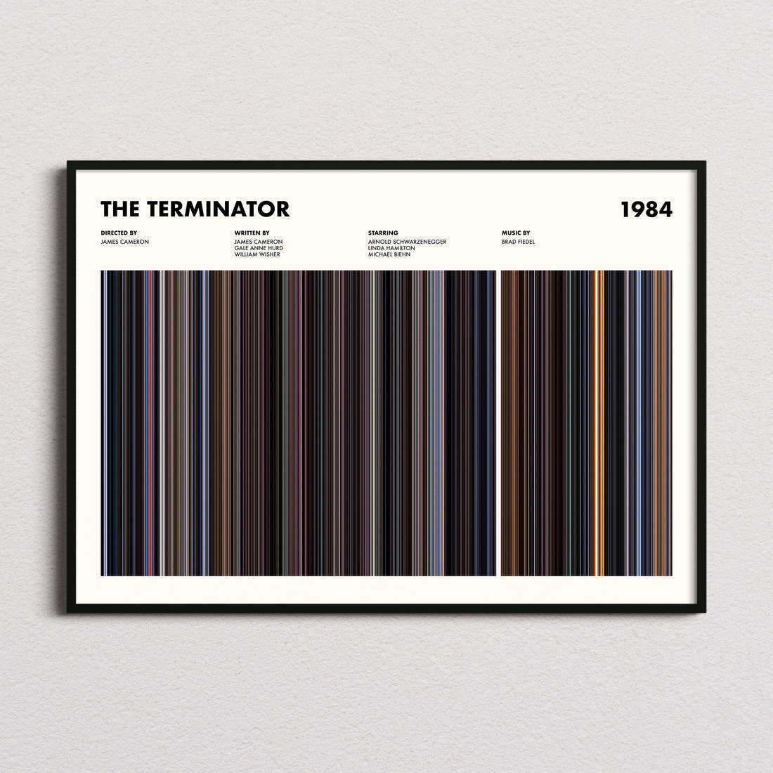 The Terminator Movie Barcode Poster framed and photographed straight on