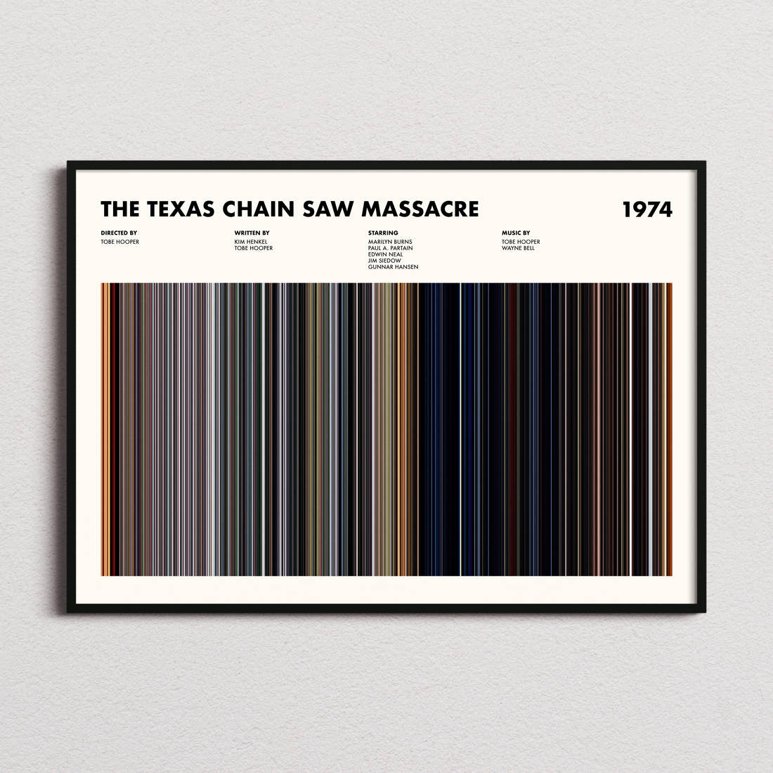 The Texas Chain Saw Massacre Movie Barcode Poster framed and photographed straight on