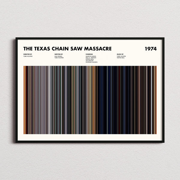 The Texas Chain Saw Massacre Movie Barcode Poster framed and photographed straight on
