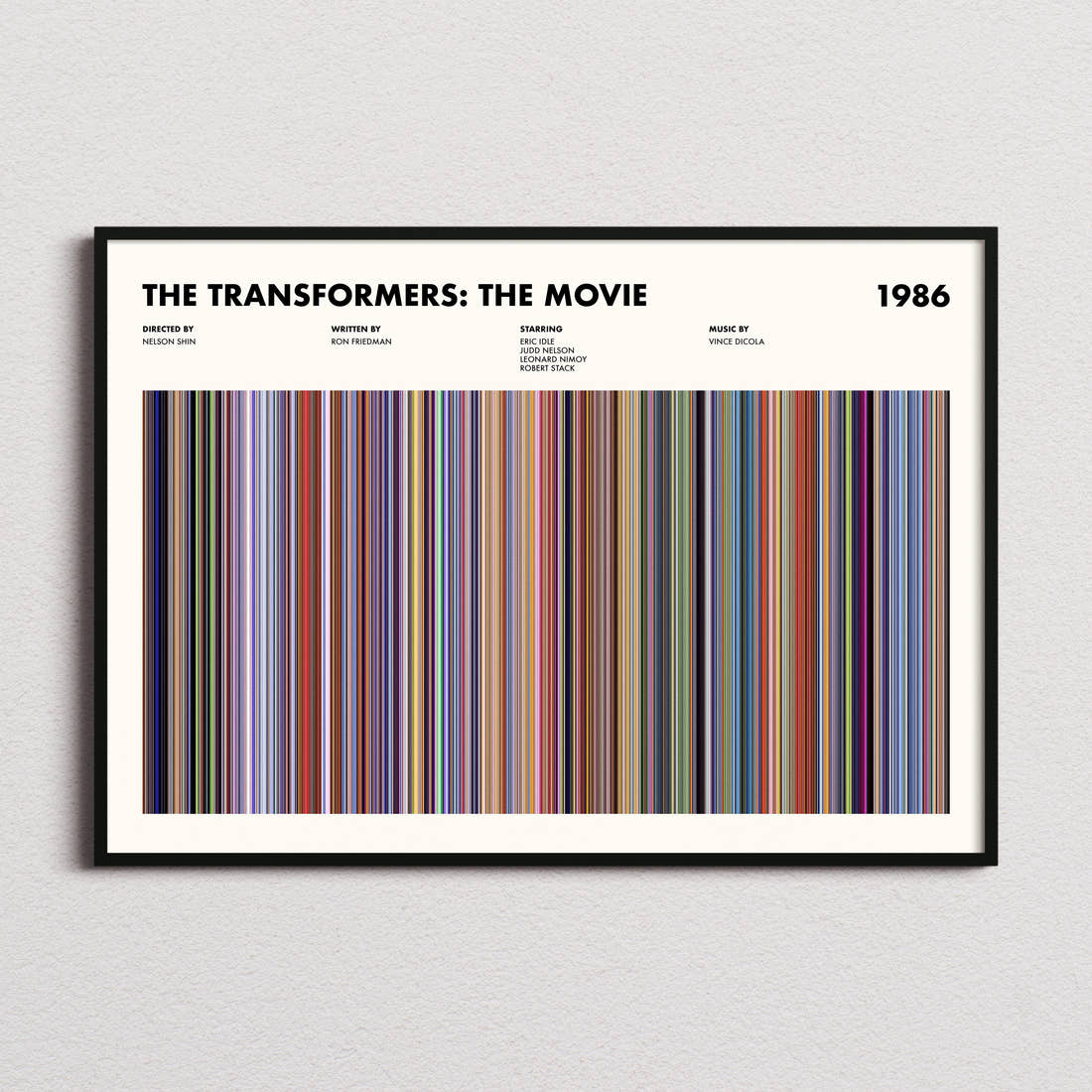 The Transformers: The Movie Movie Barcode Poster framed and photographed straight on