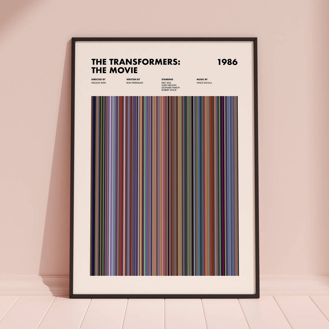 The Transformers: The Movie Movie Barcode Poster framed and leaning against a coloured wall
