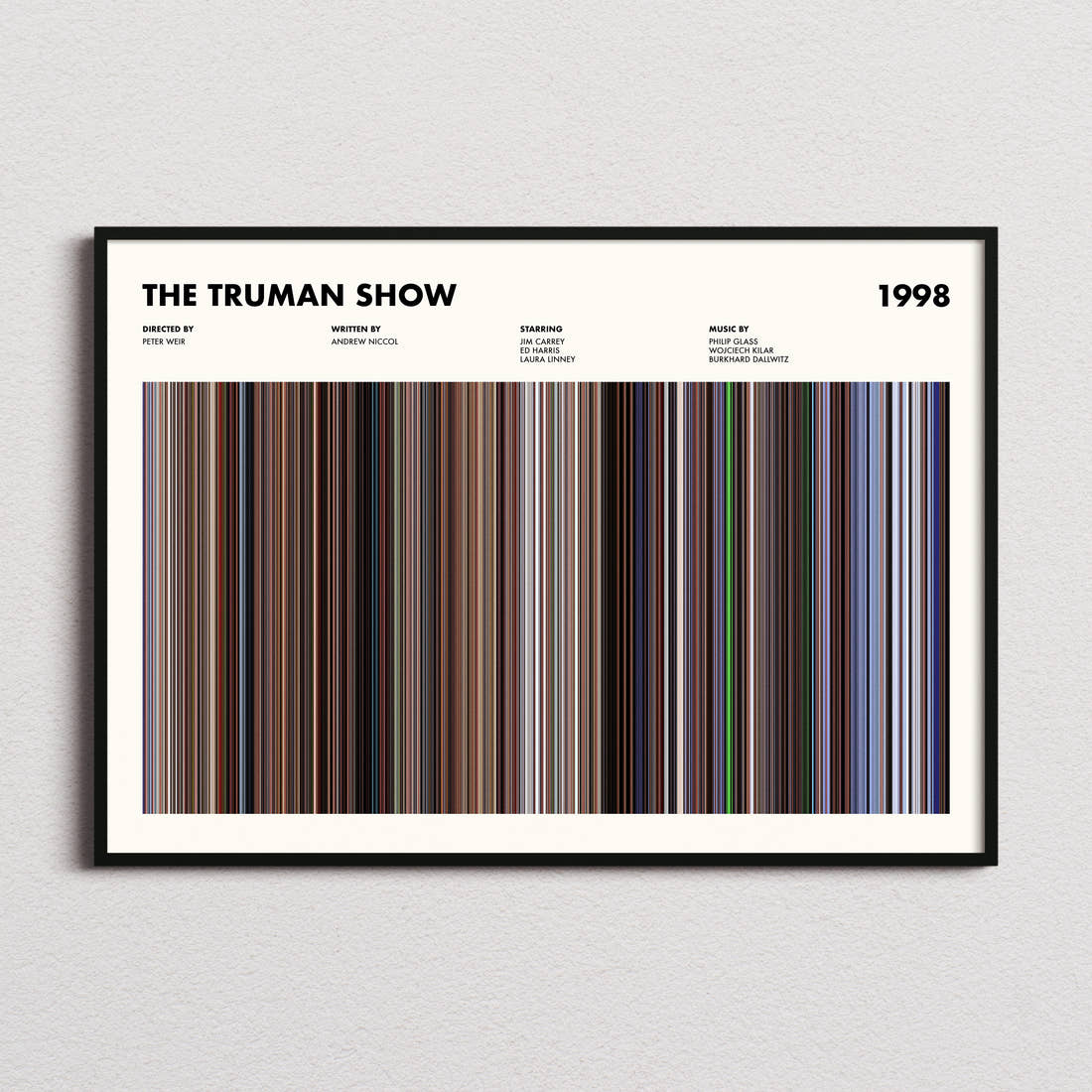 The Truman Show Movie Barcode Poster framed and photographed straight on