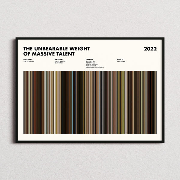 The Unbearable Weight Of Massive Talent Movie Barcode Poster framed and photographed straight on