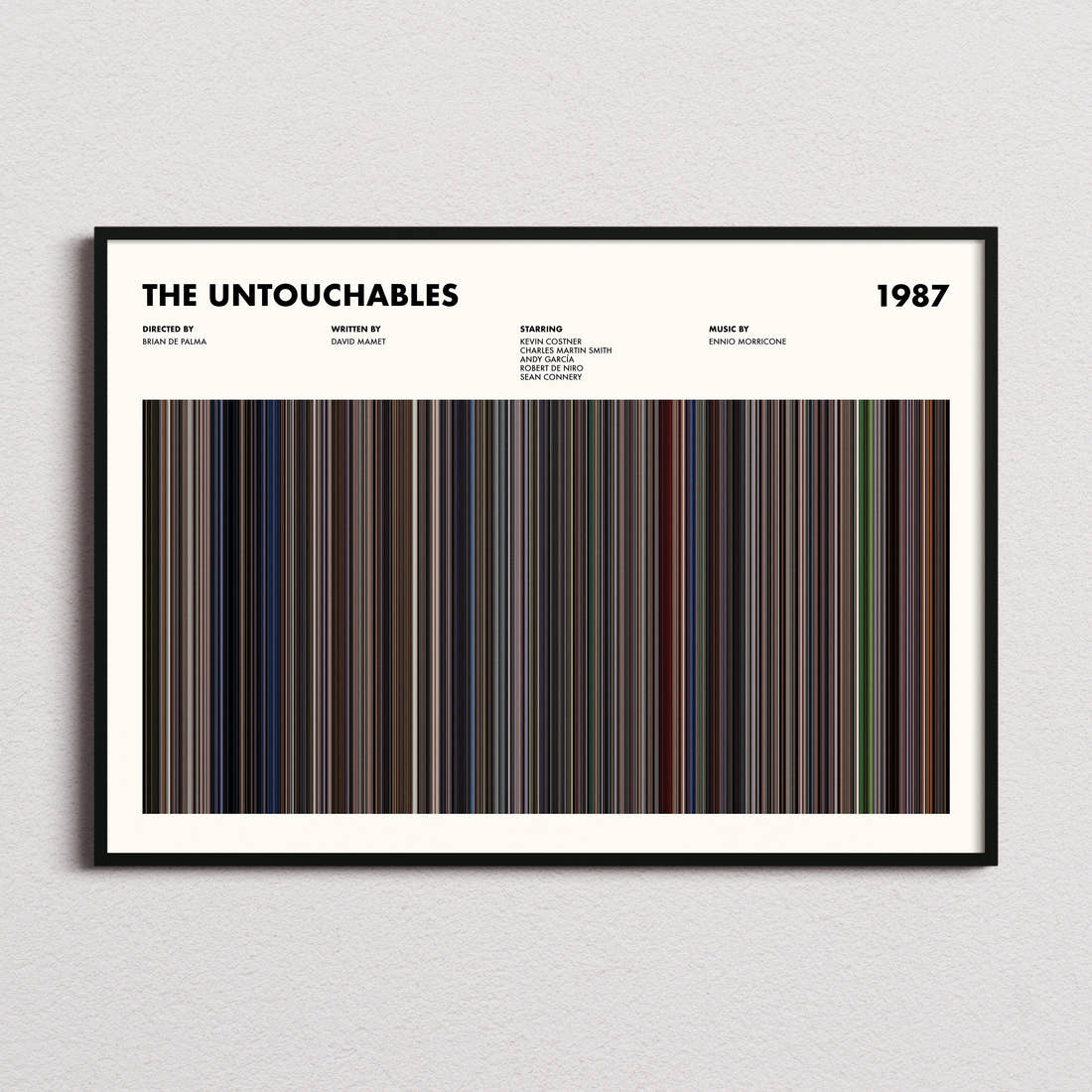 The Untouchables Movie Barcode Poster framed and photographed straight on