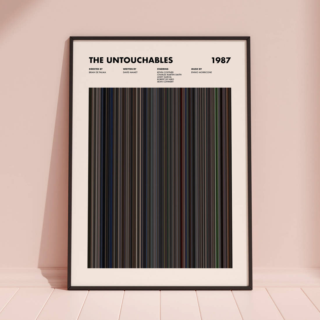 The Untouchables Movie Barcode Poster framed and leaning against a coloured wall