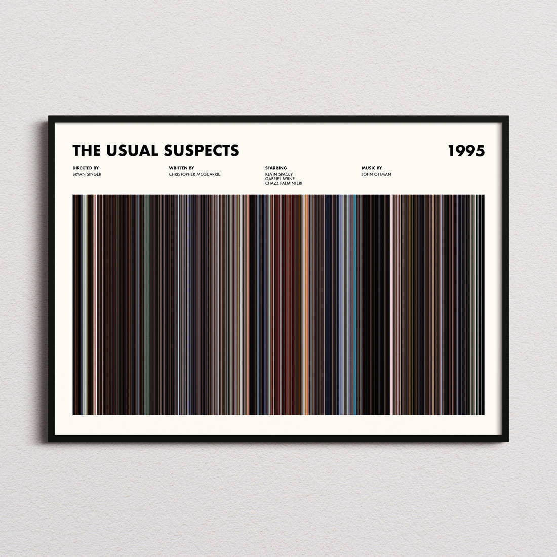 The Usual Suspects Movie Barcode Poster framed and photographed straight on