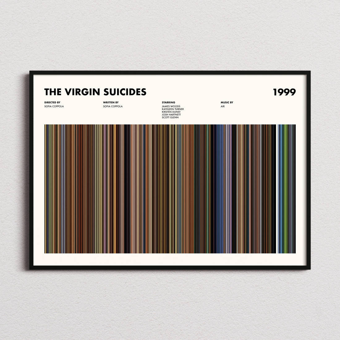The Virgin Suicides Movie Barcode Poster framed and photographed straight on