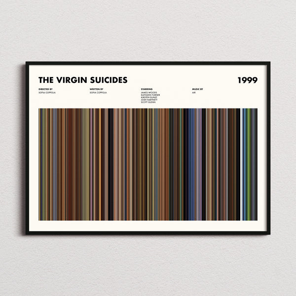 The Virgin Suicides Movie Barcode Poster framed and photographed straight on