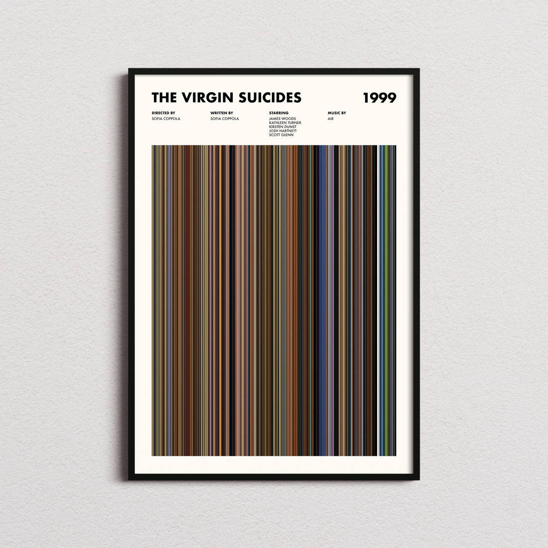The Virgin Suicides Movie Barcode Poster framed on a plain studio wall
