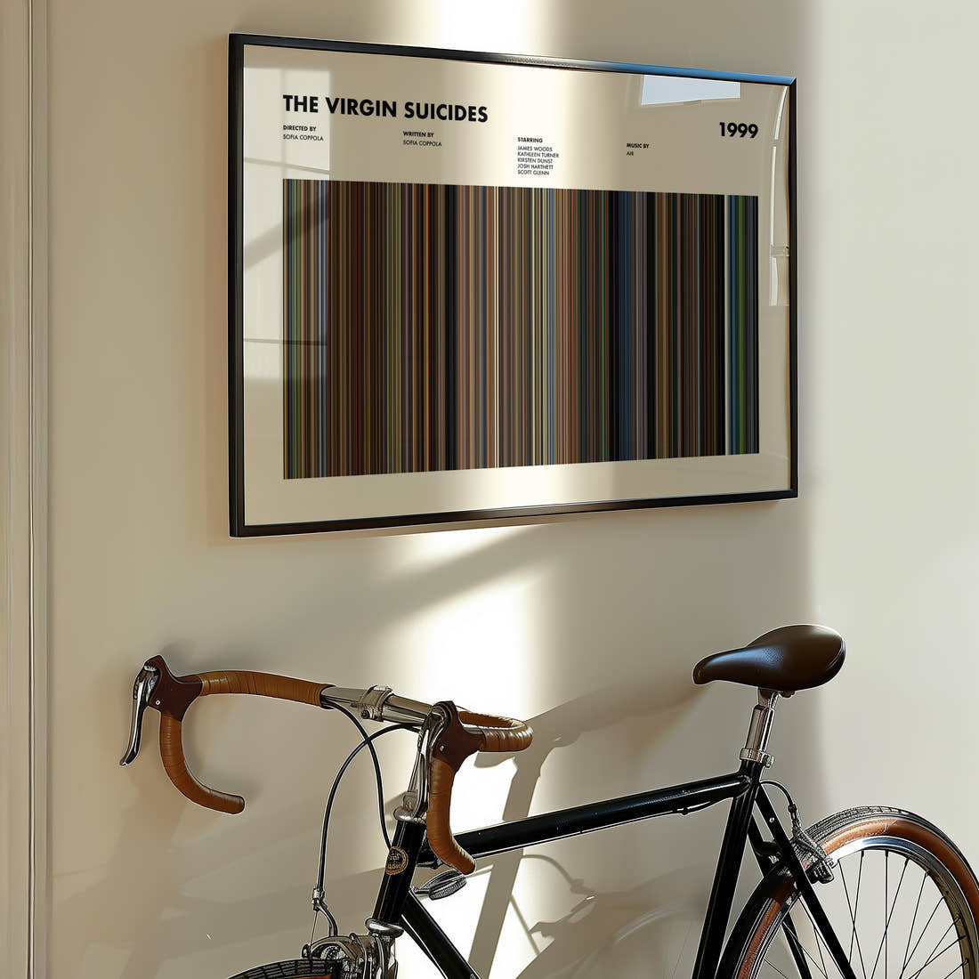 The Virgin Suicides Movie Barcode Poster framed on the wall of a styled room setting