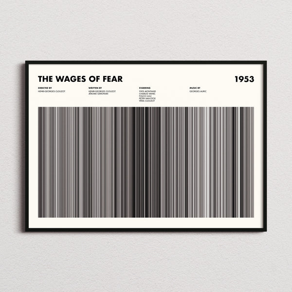 The Wages Of Fear Movie Barcode Poster framed and photographed straight on
