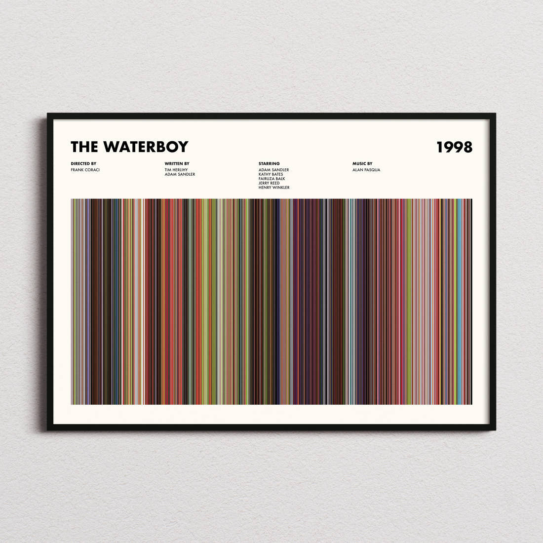 The Waterboy Movie Barcode Poster framed and photographed straight on