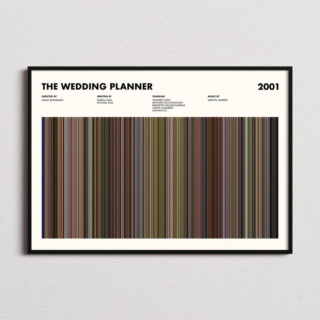 The Wedding Planner Movie Barcode Poster framed and photographed straight on