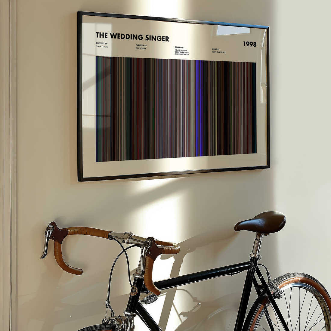 The Wedding Singer Movie Barcode Poster framed on the wall of a styled room setting