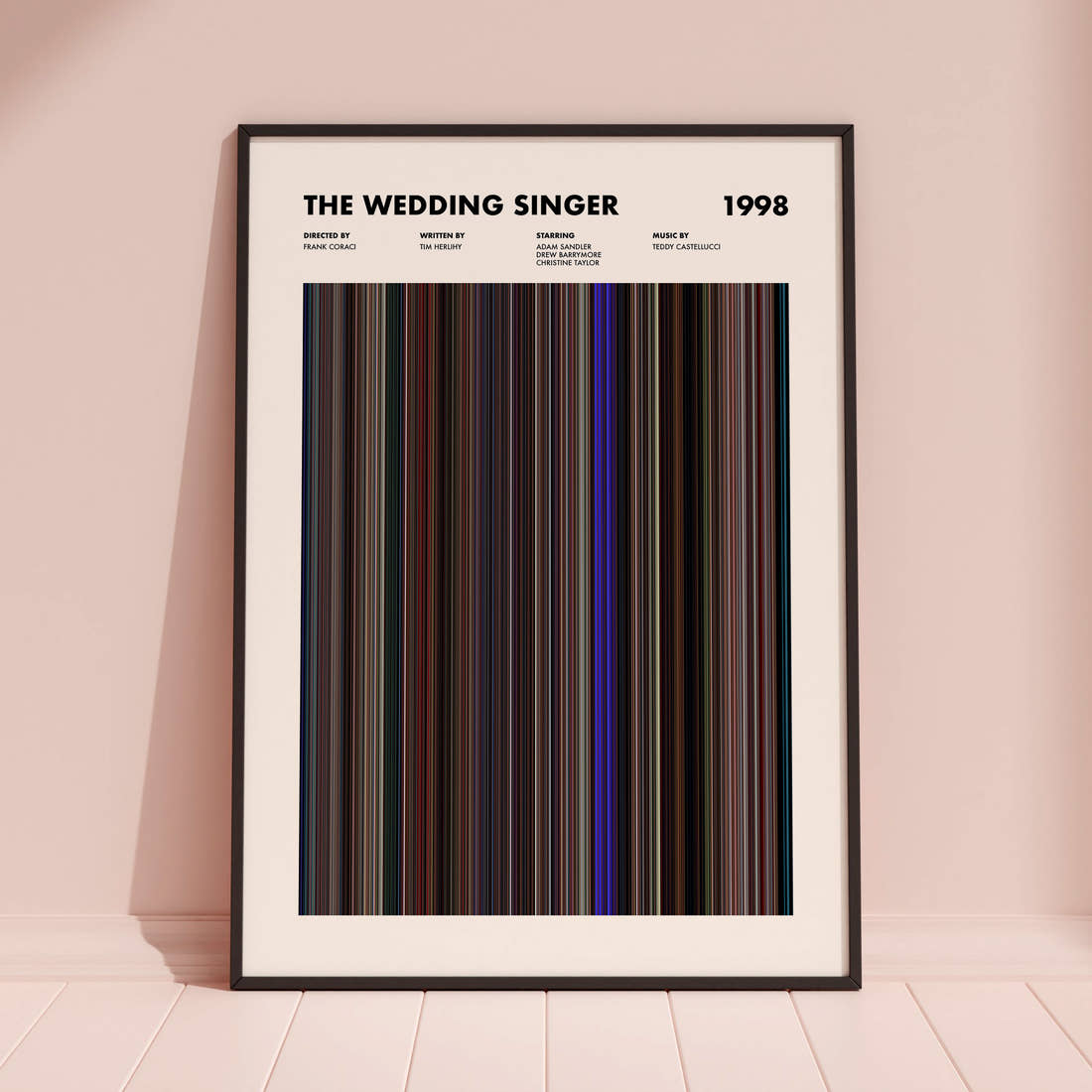 The Wedding Singer Movie Barcode Poster framed and leaning against a coloured wall