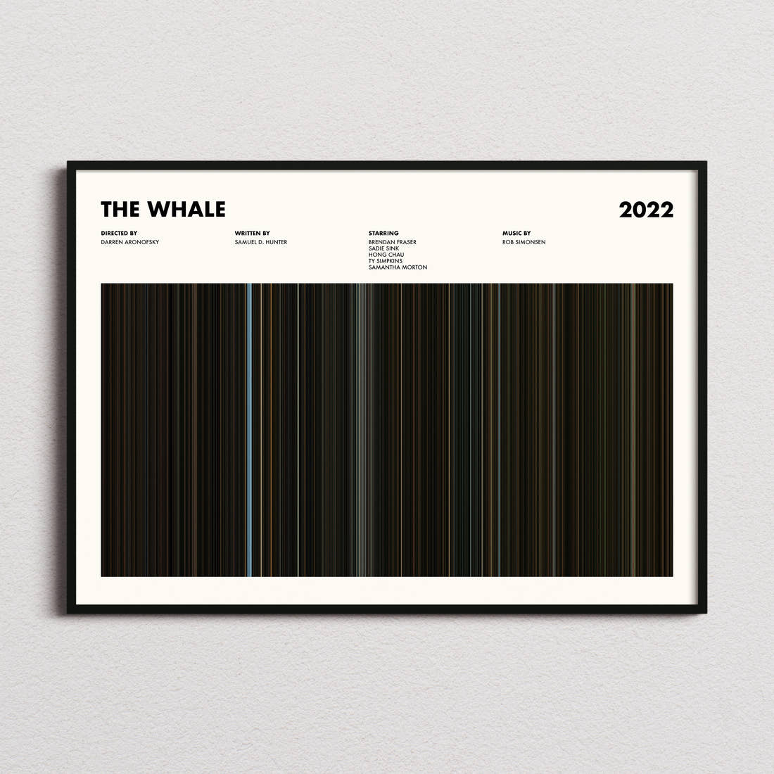 The Whale Movie Barcode Poster framed and photographed straight on