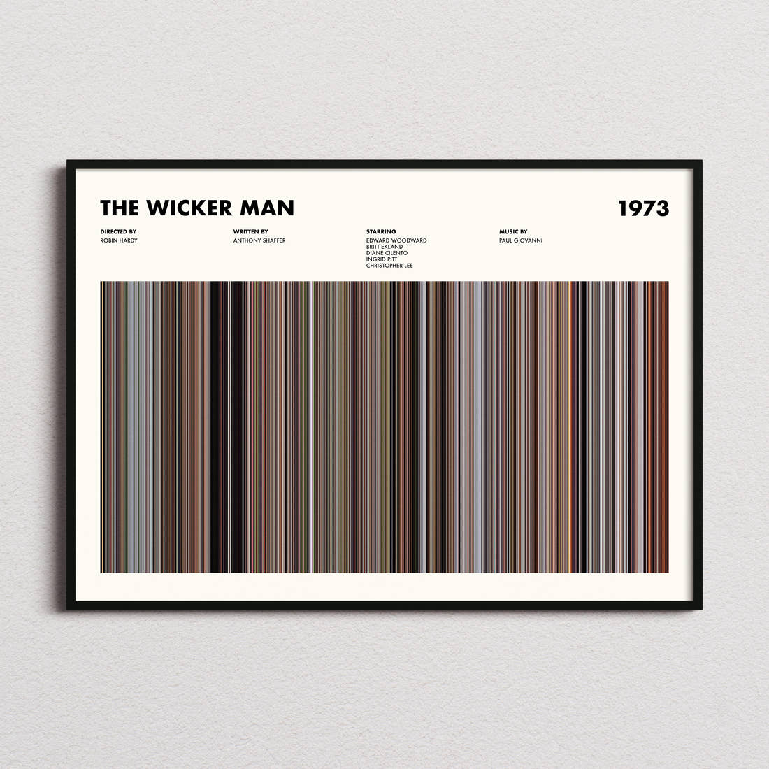 The Wicker Man Movie Barcode Poster framed and photographed straight on