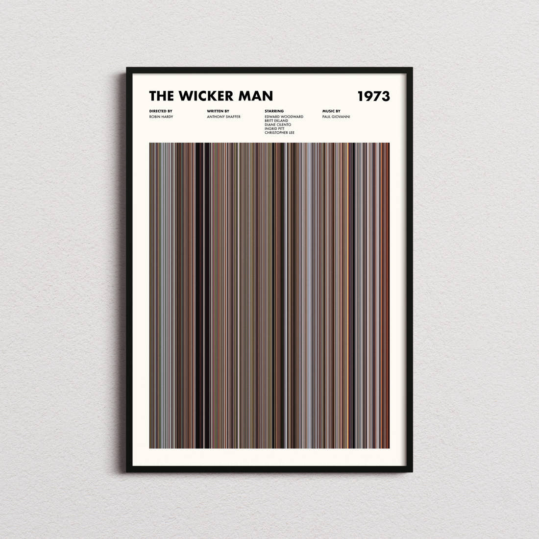 The Wicker Man Movie Barcode Poster framed on a plain studio wall