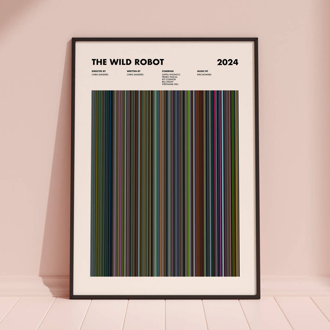 The Wild Robot Movie Barcode Poster framed and leaning against a coloured wall
