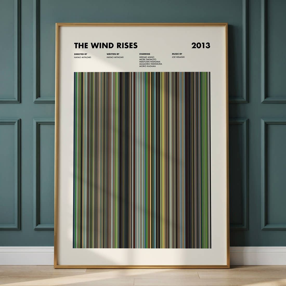 The Wind Rises Movie Barcode Poster framed and leaning against a panelled wall