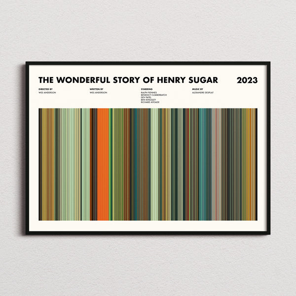 The Wonderful Story of Henry Sugar Movie Barcode Poster framed and photographed straight on