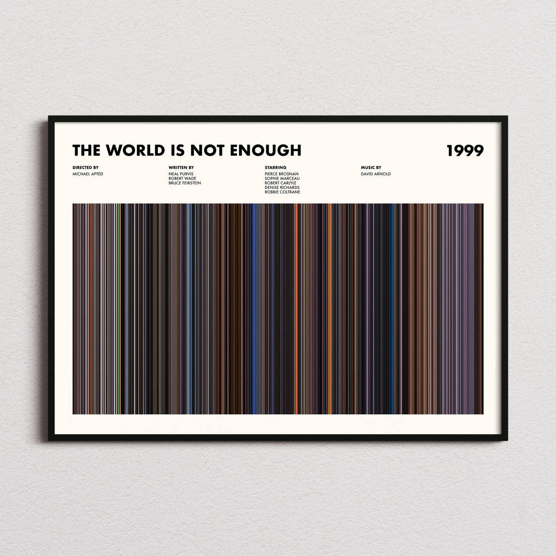The World Is Not Enough Movie Barcode Poster framed and photographed straight on