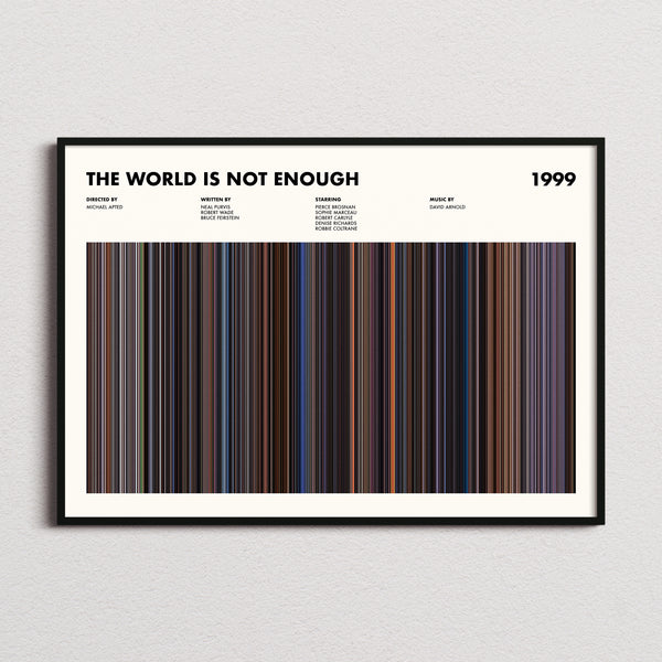 The World Is Not Enough Movie Barcode Poster framed and photographed straight on
