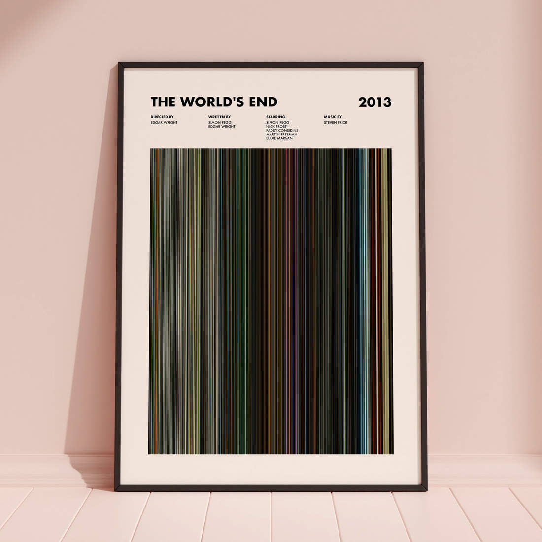 The World's End Movie Barcode Poster framed and leaning against a coloured wall