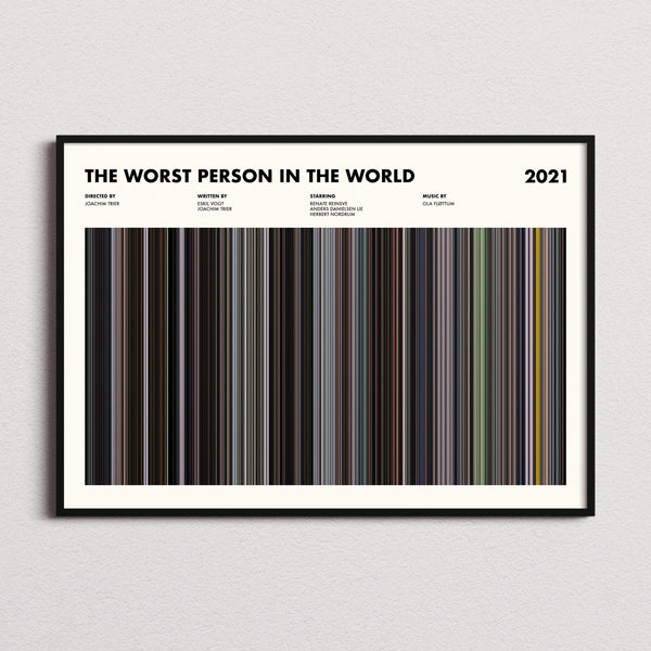 The Worst Person in the World Movie Barcode Poster framed and photographed straight on
