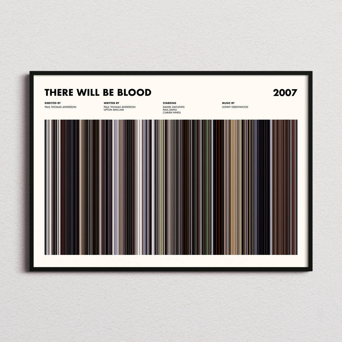 There Will Be Blood Movie Barcode Poster framed and photographed straight on