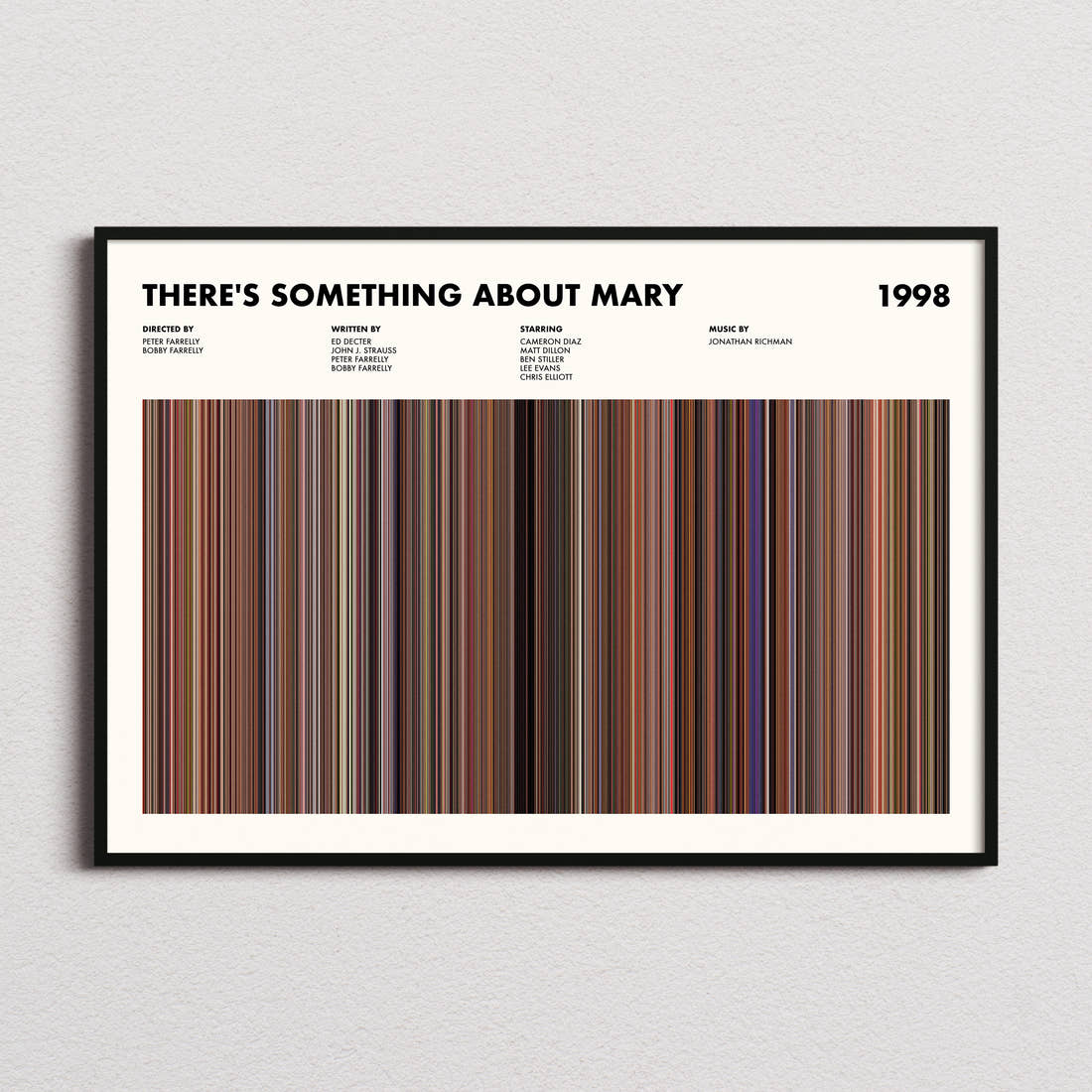 There's Something About Mary Movie Barcode Poster framed and photographed straight on