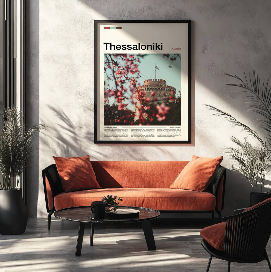Thessaloniki White Tower Behind Blossom Travel Print framed on the wall of a modern living room