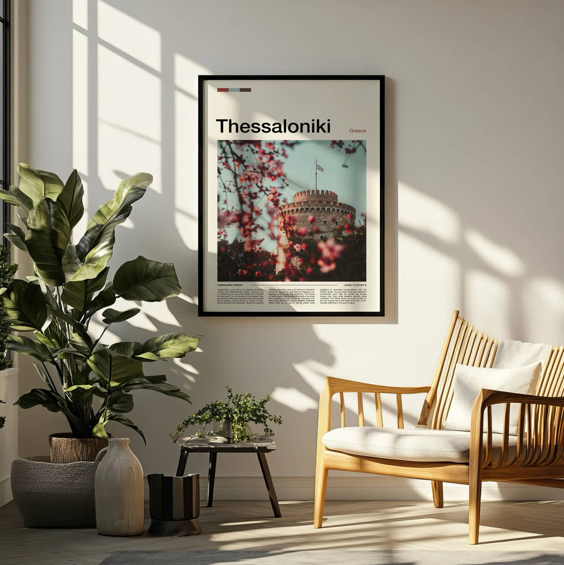 Thessaloniki White Tower Behind Blossom Travel Print framed on a pale wall beside houseplants