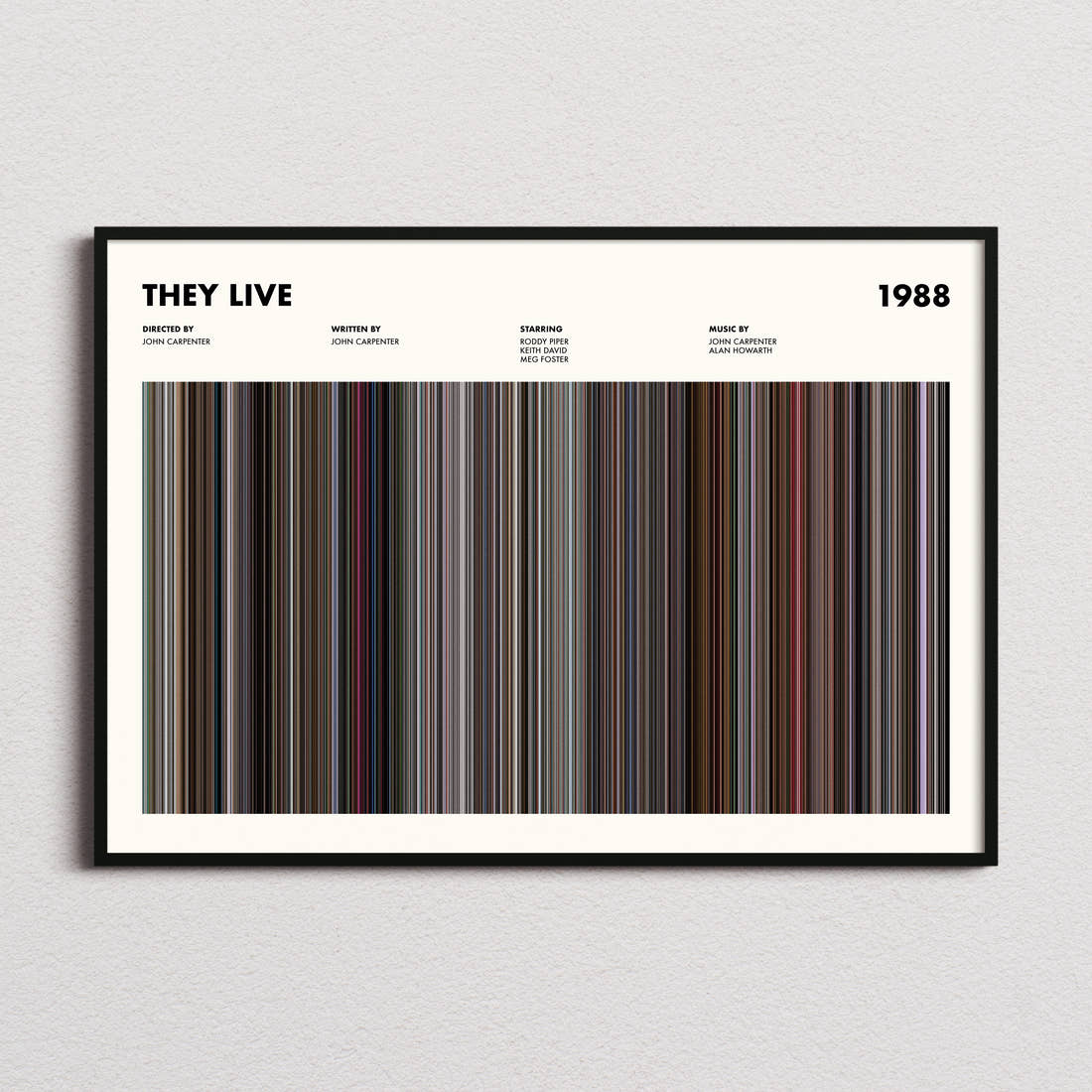 They Live Movie Barcode Poster framed and photographed straight on