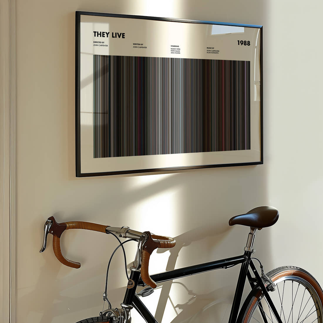 They Live Movie Barcode Poster framed on the wall of a styled room setting