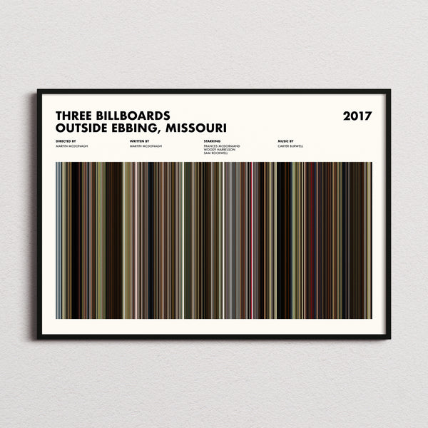 Three Billboards Outside Ebbing, Missouri Movie Barcode Poster framed and photographed straight on