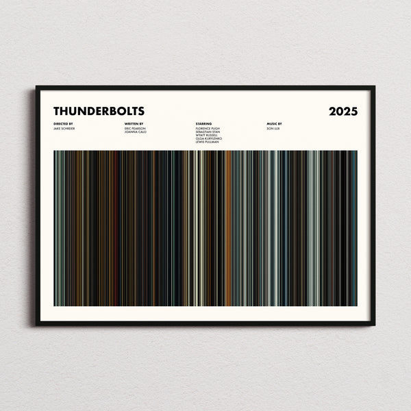 Thunderbolts Movie Barcode Poster framed and photographed straight on
