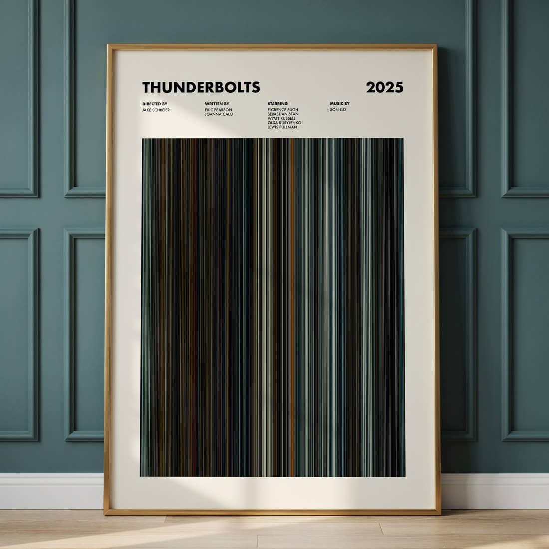 Thunderbolts Movie Barcode Poster framed and leaning against a panelled wall