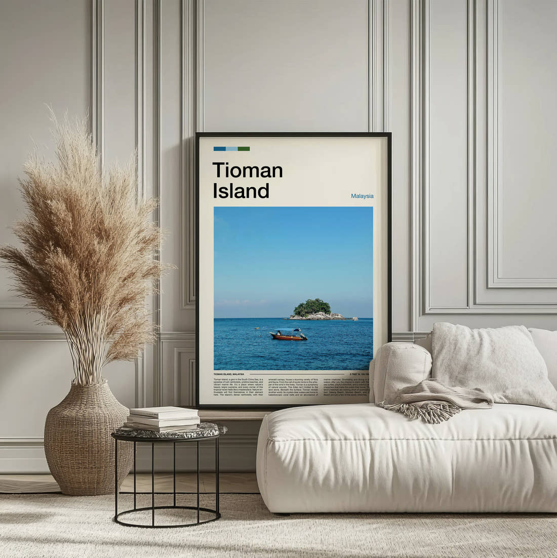 Tioman Island Small Island Offshore Travel Print framed on the wall of a calm, neutral bedroom