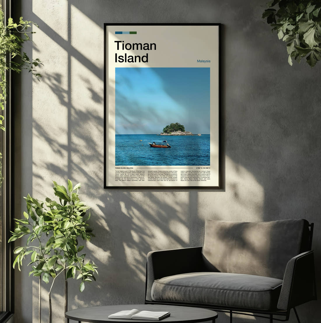 Tioman Island Small Island Offshore Travel Print framed on the wall of a relaxed living room