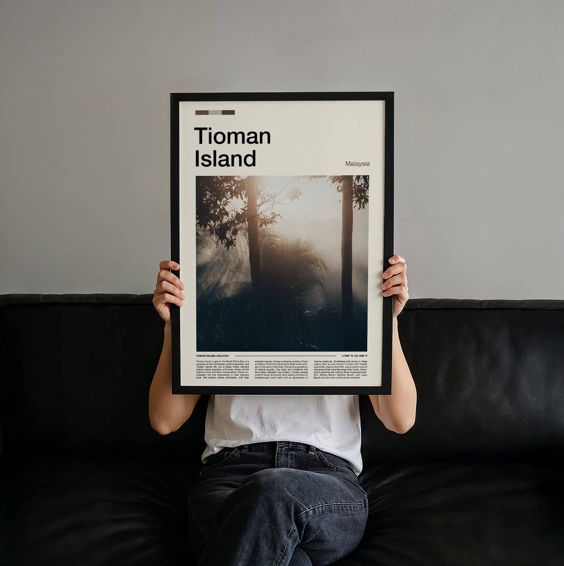 Tioman Island Sun Rays Through Trees Travel Print held up by hand to show the size of the print
