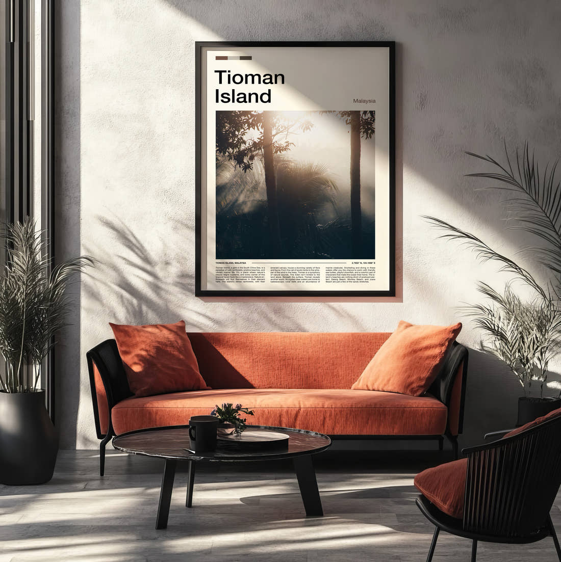 Tioman Island Sun Rays Through Trees Travel Print framed on the wall of a modern living room