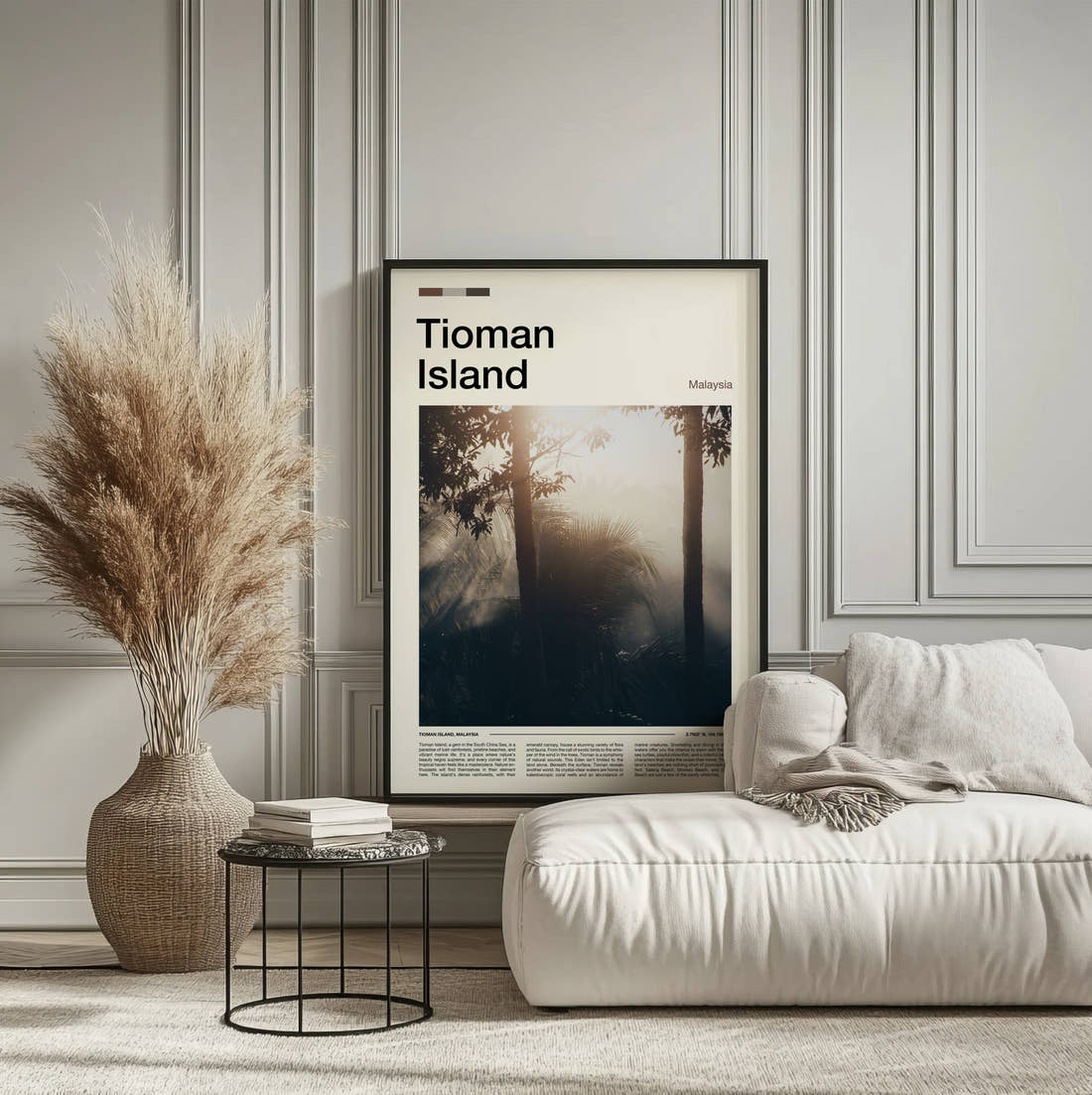 Tioman Island Sun Rays Through Trees Travel Print framed on the wall of a calm, neutral bedroom