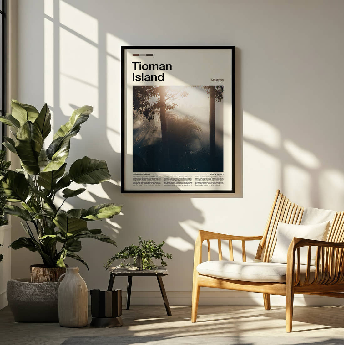 Tioman Island Sun Rays Through Trees Travel Print framed on a pale wall beside houseplants