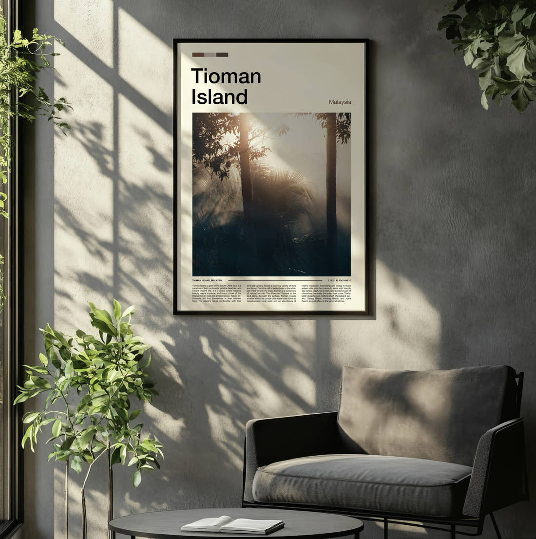 Tioman Island Sun Rays Through Trees Travel Print framed on the wall of a relaxed living room