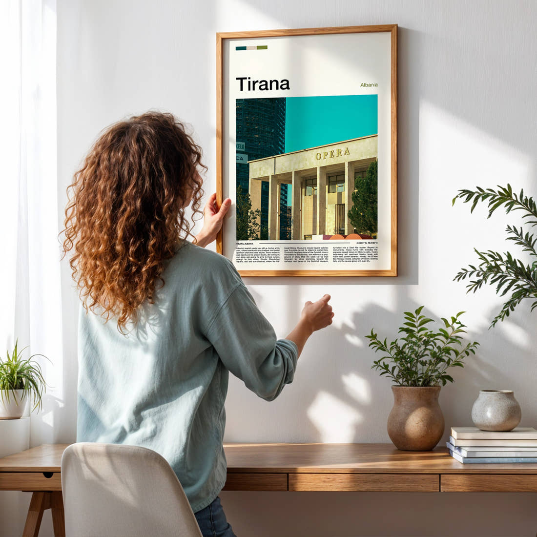 Tirana Opera House Facade Travel Print framed on a pale wall beside houseplants