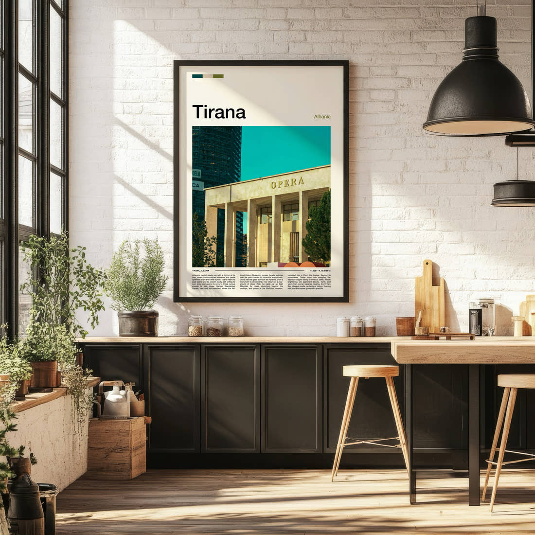 Tirana Opera House Facade Travel Print framed on the wall of a bright kitchen and dining space