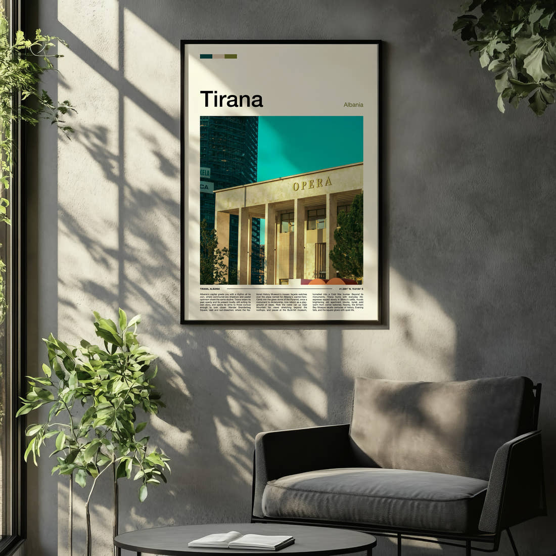 Tirana Opera House Facade Travel Print framed on the wall of a relaxed living room